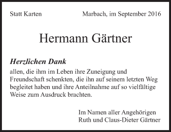 Traueranzeige von Hermann Gärtner von Marbacher Zeitung