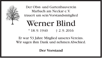 Traueranzeige von Werner Blind von Marbacher Zeitung