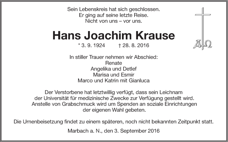  Traueranzeige für Hans Joachim Krause vom 03.09.2016 aus Marbacher Zeitung