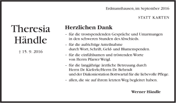 Traueranzeige von Theresia Händle von Marbacher Zeitung