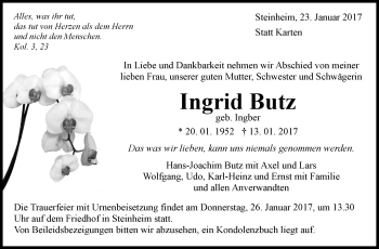 Traueranzeige von Ingrid Butz von Marbacher Zeitung