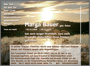 Traueranzeige von Marga Bauer von Marbacher Zeitung