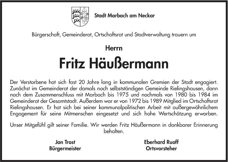  Traueranzeige für Fritz Häußermann vom 03.01.2017 aus Marbacher Zeitung