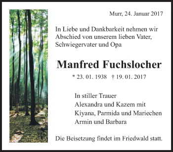 Traueranzeige von Manfred Fuchslocher von Marbacher Zeitung