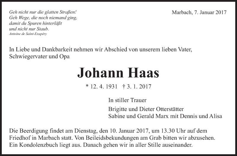  Traueranzeige für Johann Haas vom 07.01.2017 aus Marbacher Zeitung