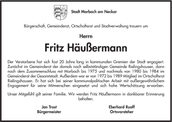 Traueranzeige von Fritz Häußermann von Marbacher Zeitung