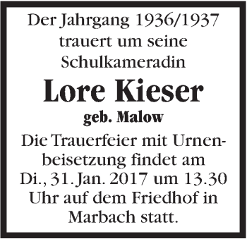 Traueranzeige von Lore Kieser von Marbacher Zeitung