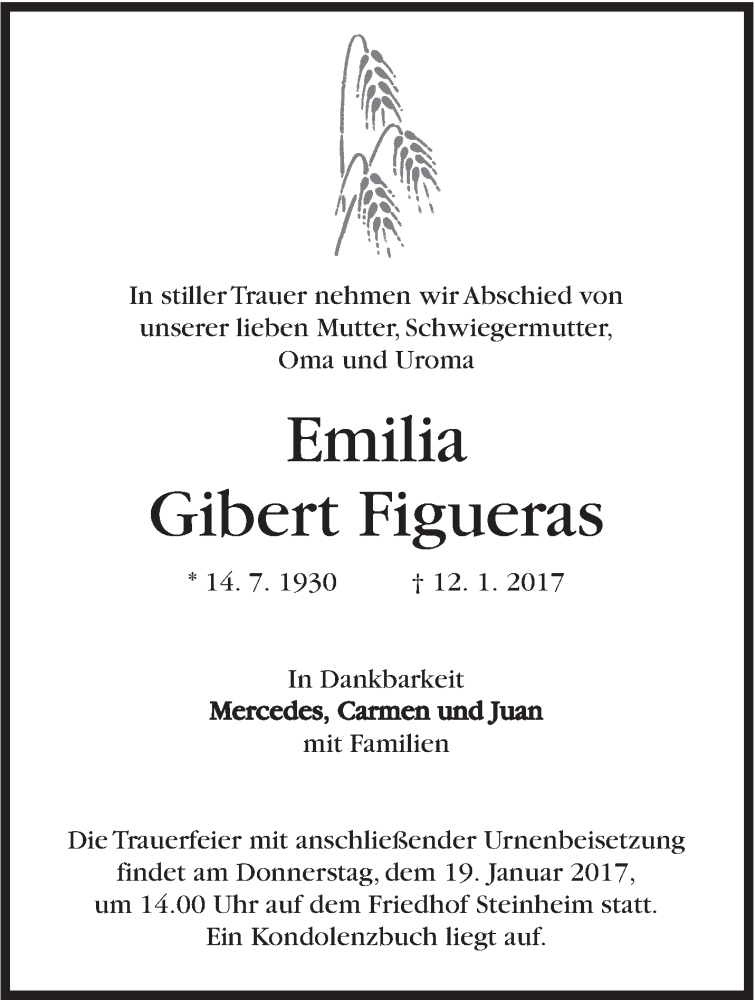  Traueranzeige für Emilia Gibert Figueras vom 17.01.2017 aus Marbacher Zeitung