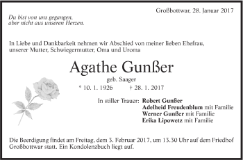 Traueranzeige von Agathe Gunßer von Marbacher Zeitung