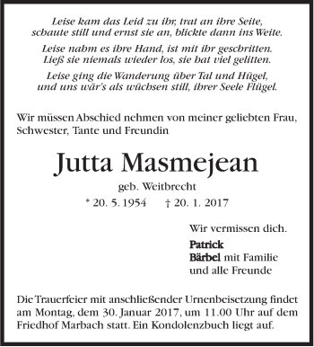 Traueranzeige von Jutta Masmejean von Marbacher Zeitung