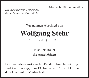 Traueranzeige von Wolfgang Stehr von Marbacher Zeitung