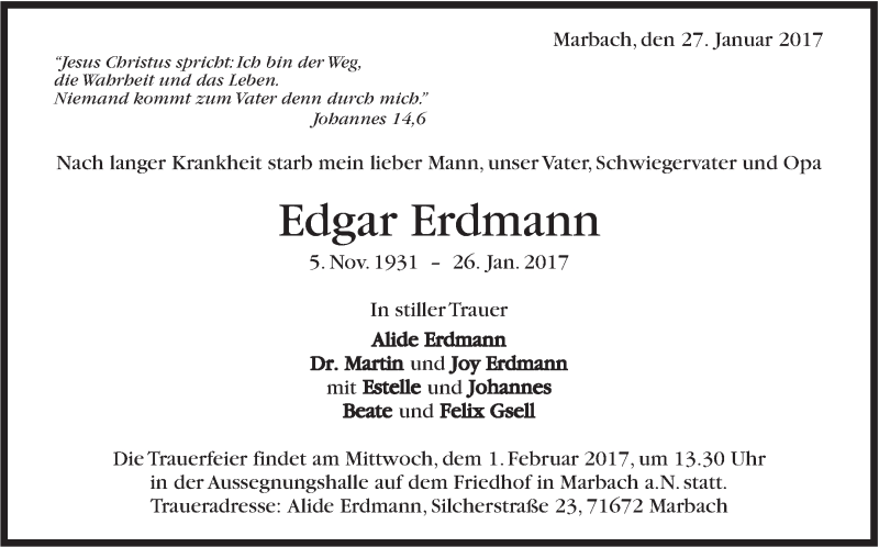  Traueranzeige für Edgar Erdmann vom 31.01.2017 aus Marbacher Zeitung