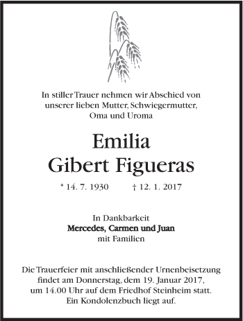 Traueranzeige von Emilia Gibert Figueras von Marbacher Zeitung