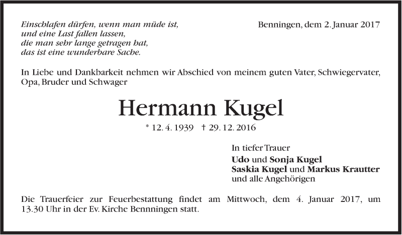  Traueranzeige für Hermann Kugel vom 02.01.2017 aus Marbacher Zeitung