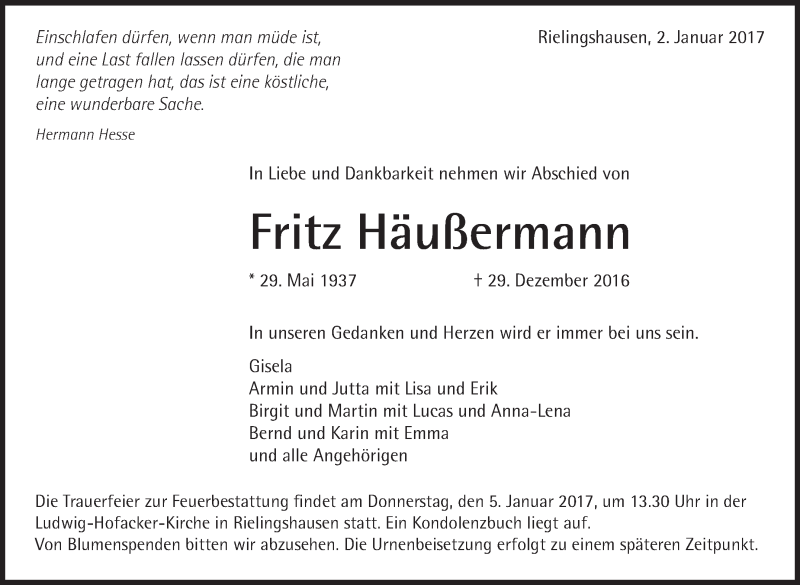  Traueranzeige für Fritz Häußermann vom 02.01.2017 aus Marbacher Zeitung