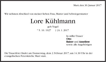 Traueranzeige von Lore Kühlmann von Marbacher Zeitung