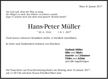 Traueranzeige von Hans-Peter Müller von Marbacher Zeitung
