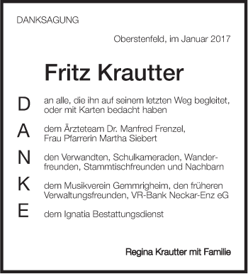 Traueranzeige von Fritz Krautter von Marbacher Zeitung