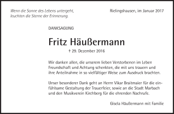 Traueranzeige von Fritz Häußermann von Marbacher Zeitung