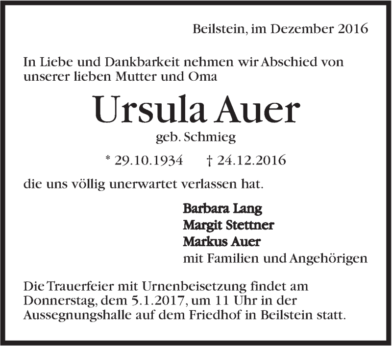  Traueranzeige für Ursula Auer vom 03.01.2017 aus Marbacher Zeitung
