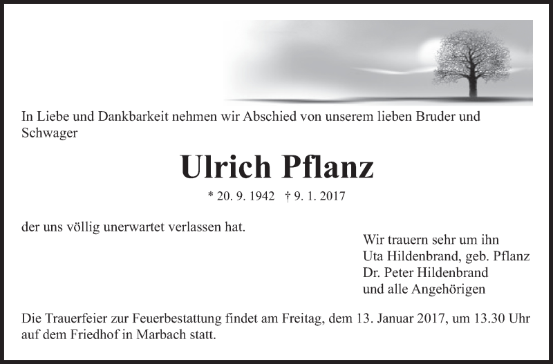  Traueranzeige für Ulrich Pflanz vom 11.01.2017 aus Marbacher Zeitung