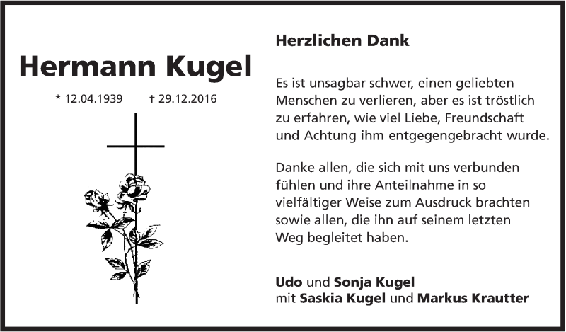  Traueranzeige für Hermann Kugel vom 14.01.2017 aus Marbacher Zeitung