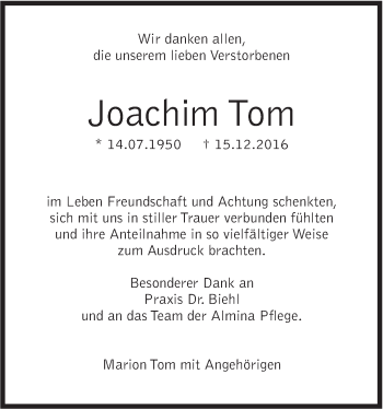 Traueranzeige von Joachim Tom von Marbacher Zeitung