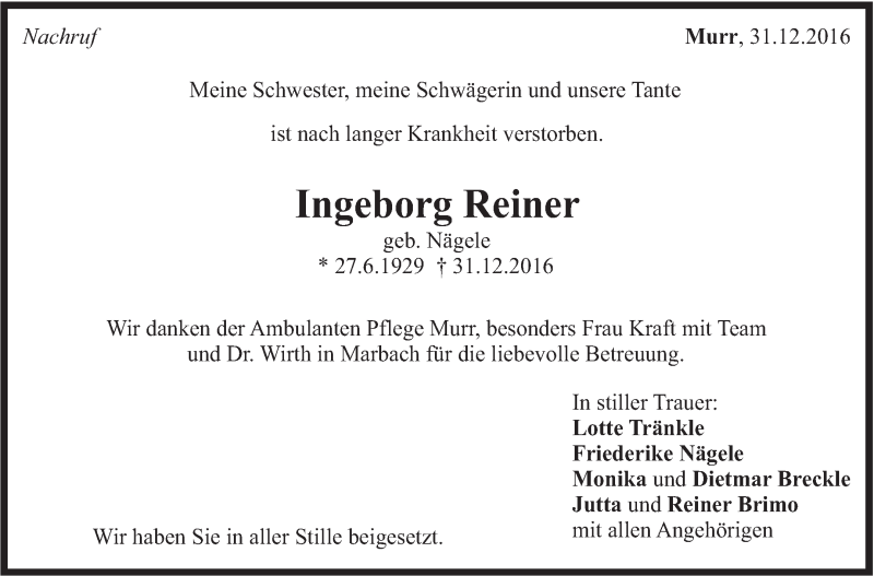  Traueranzeige für Ingeborg Reiner vom 14.01.2017 aus Marbacher Zeitung