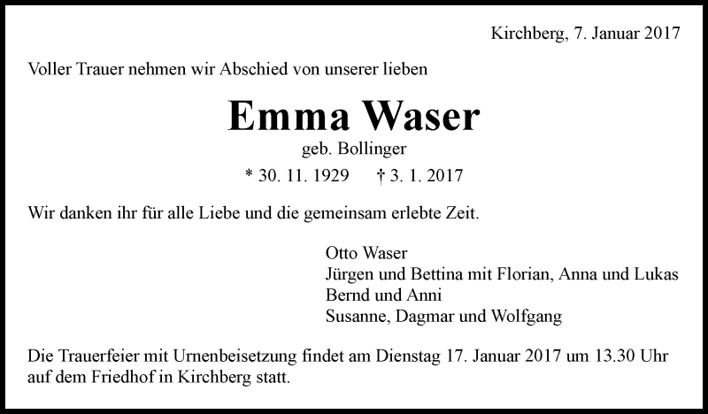  Traueranzeige für Emma Waser vom 07.01.2017 aus Marbacher Zeitung