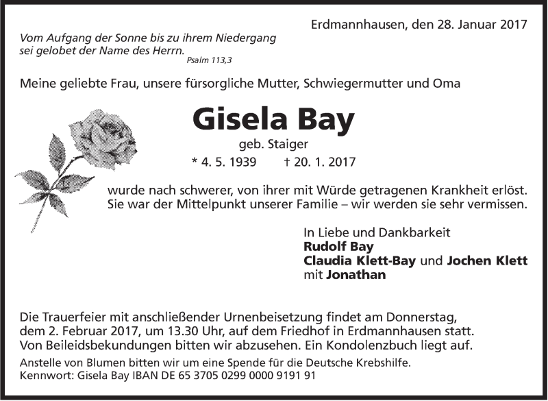  Traueranzeige für Gisela Bay vom 28.01.2017 aus Marbacher Zeitung