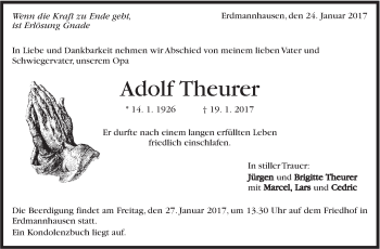Traueranzeige von Adolf Theurer von Marbacher Zeitung