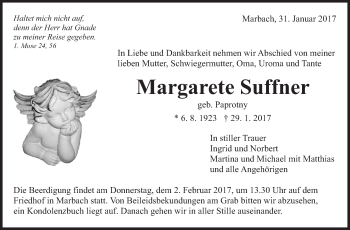 Traueranzeige von Margarete Suffner von Marbacher Zeitung