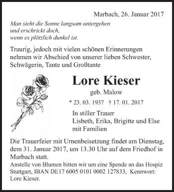 Traueranzeige von Lore Kieser von Marbacher Zeitung