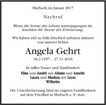 Traueranzeige von Angela Gehrt von Marbacher Zeitung