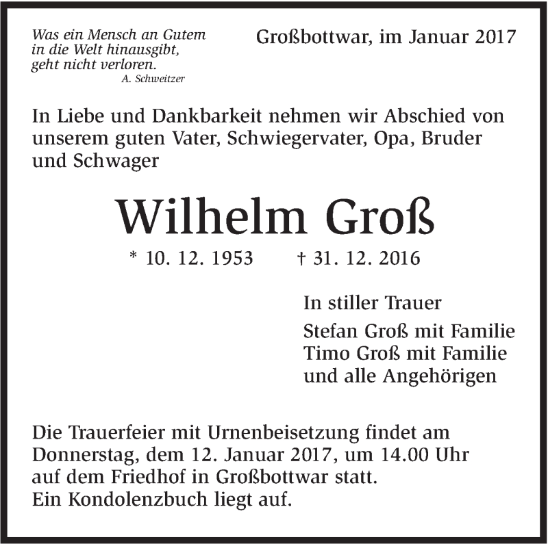  Traueranzeige für Wilhelm Groß vom 07.01.2017 aus Marbacher Zeitung