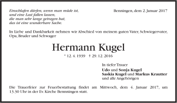 Traueranzeige von Hermann Kugel von Marbacher Zeitung