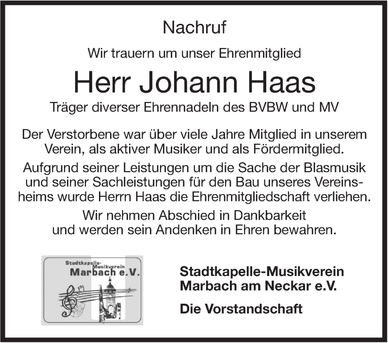  Traueranzeige für Johann Haas vom 10.01.2017 aus Marbacher Zeitung