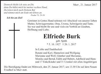 Traueranzeige von Elfriede Burk von Marbacher Zeitung