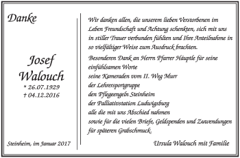 Traueranzeige von Josef Walouch von Marbacher Zeitung