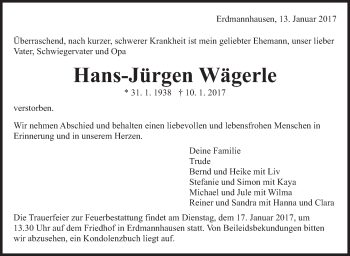 Traueranzeige von Hans-Jürgen Wägerle von Marbacher Zeitung