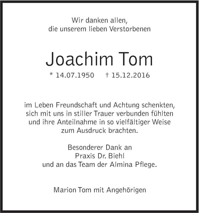  Traueranzeige für Joachim Tom vom 07.01.2017 aus Marbacher Zeitung