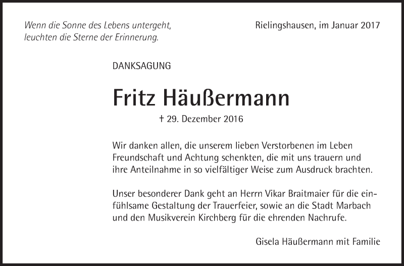  Traueranzeige für Fritz Häußermann vom 28.01.2017 aus Marbacher Zeitung