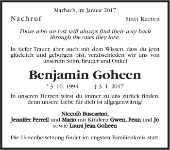 Traueranzeige von Benjamin Goheen von Marbacher Zeitung