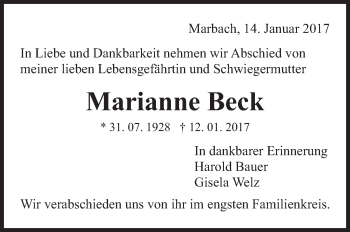 Traueranzeige von Marianne Beck von Marbacher Zeitung