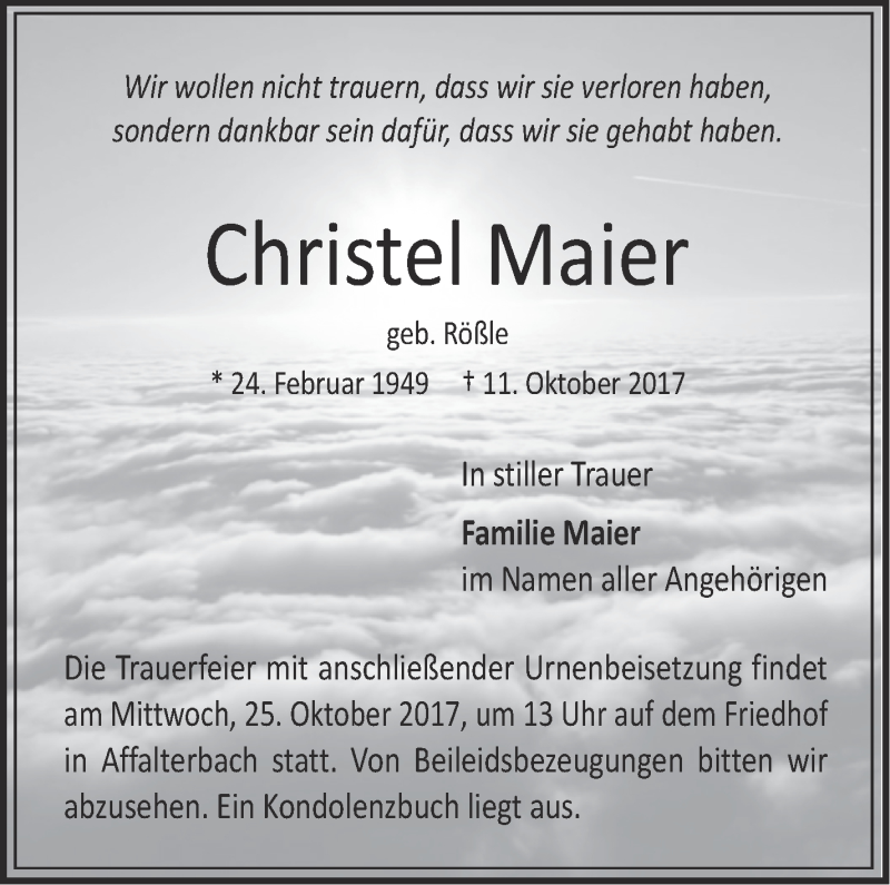  Traueranzeige für Christel Maier vom 21.10.2017 aus Marbacher Zeitung