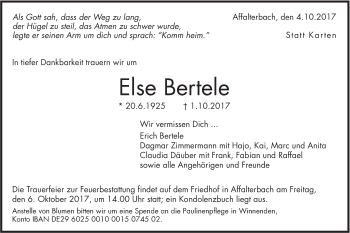 Traueranzeige von Else Bertele von Marbacher Zeitung