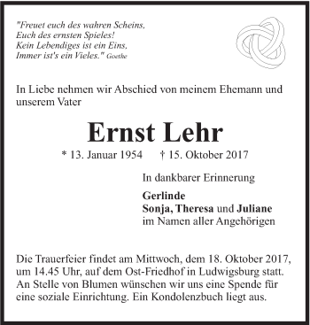 Traueranzeige von Ernst Lehr von Marbacher Zeitung
