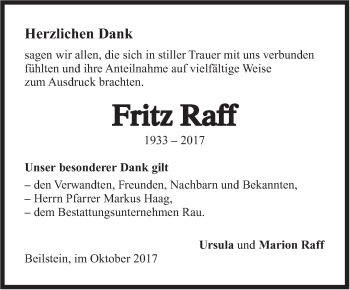 Traueranzeige von Fritz Raff von Marbacher Zeitung