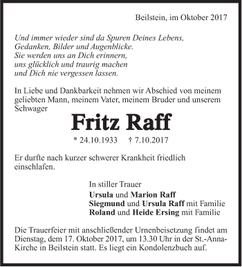 Traueranzeige von Fritz Raff von Marbacher Zeitung