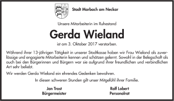 Traueranzeige von Gerda Wieland von Marbacher Zeitung